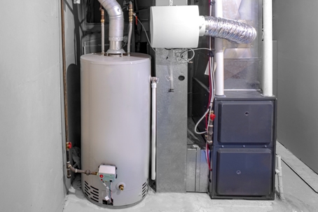 Search by image or video A home high efficiency furnace with a residential gas water heater & humidifier.